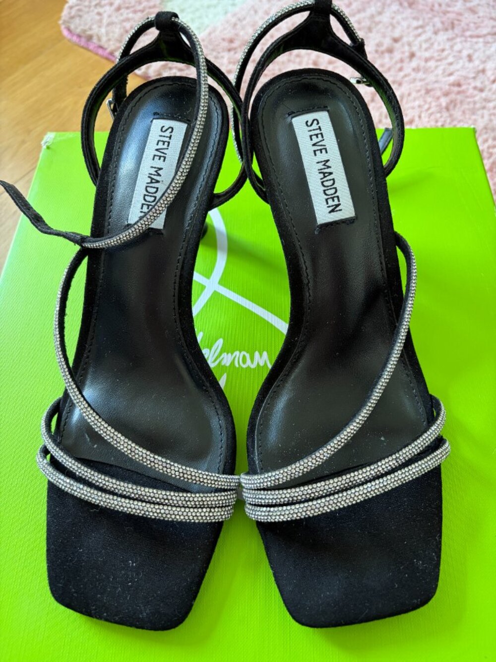 Steve Madden black rhinestone strappy square toe heels dressy party wedding gues